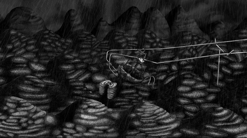 screen shot from Foodstuffs of pencil drawn communications device in the rain